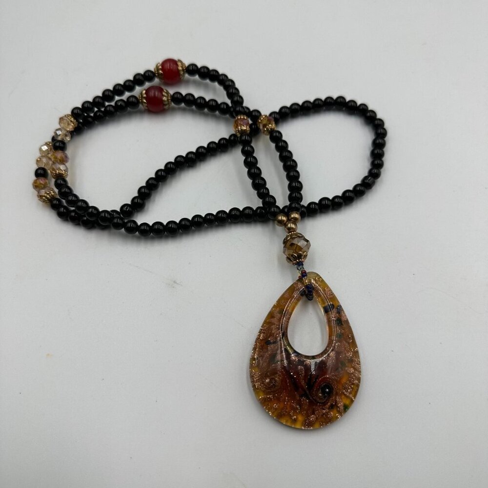 Art Glass Teardrop Pendant Necklace Black Beaded Long Pullover Sautoir 34"